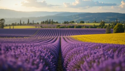 Stunning Lavender Fields Under a Vibrant Sky in Summer Landscape