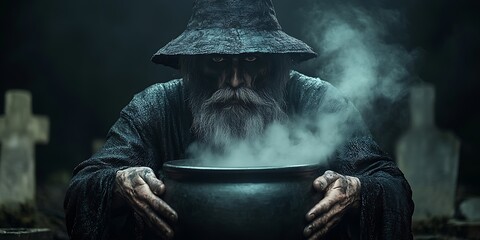 Witch brewing potion graveyard.
