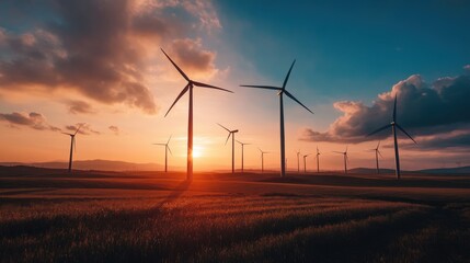 Scenic wind turbines stand tall in a picturesque golden sunset