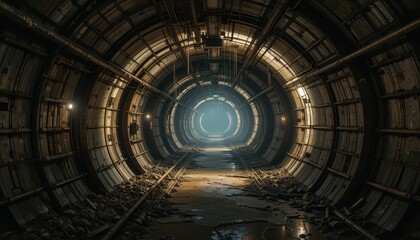 Dark Abandoned Tunnel with Light at the End and Textured Walls