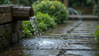 Peaceful Flowing Water from Pipe in Tranquil Garden Setting