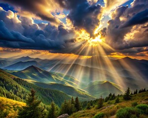 Sun rays mountain landscape. A beautiful landscape view with sun beams through clouds from the top of a mountain.