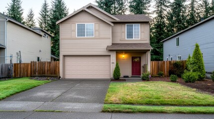 Suburban home with a green lawn, trees in the background, for real estate or residential use