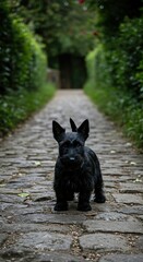 Adorable Scottish Terrier Puppy with Bushy Eyebrows on Stone Path &ndash; Cute Black Dog Outdoors
