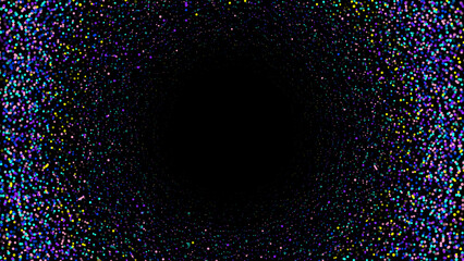 Frame of multicolored glowing dots forming a circular pattern on a dark background. Abstract background.