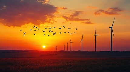 Obraz premium A beautiful sunset features wind turbines and flying birds silhouettes