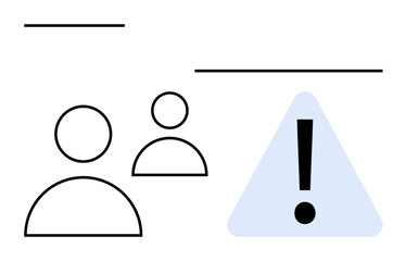 Two simplified human figures beside a large exclamation mark in a triangle. Ideal for warning notices, teamwork, communication, urgency, problem-solving, responsibility, decision-making. A flat