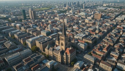 Fototapeta premium Aerial View of Urban Landscape with Historical Church and Cityscape