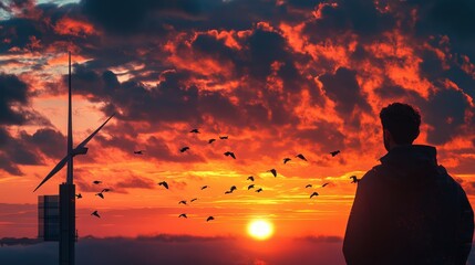 Fototapeta premium A person watches the sunset and the flying birds in the sky