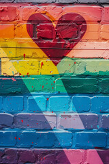 Colorful rainbow graffiti heart painted on a weathered brick wall, symbolizing love and acceptance. Represents vibrant urban art capturing inclusivity and individuality in a rustic setting.