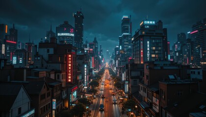 Naklejka premium Cityscape at Night with Illuminated Streets and Skyscrapers