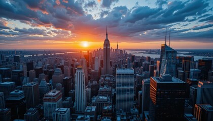 Fototapeta premium Majestic Sunset Over New York City Skyline with Vibrant Colors