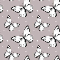 Fototapeta premium Seamless pattern, cute white butterflies on a light background. Print, textile