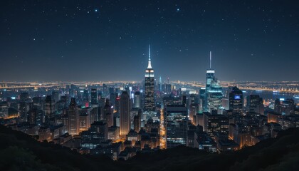 Fototapeta premium Nighttime Cityscape View Over Skyscrapers and Starry Sky