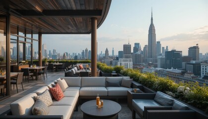 Fototapeta premium Luxurious Rooftop Lounge Overlooking New York City Skyline at Sunset