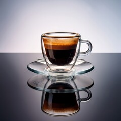 Elegant espresso in glass cup on reflective surface with soft lighting