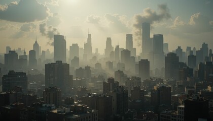 Obraz premium Urban Landscape with Skyscrapers and Atmospheric Fog at Dusk