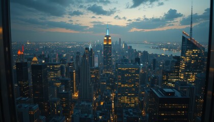 Obraz premium Stunning Aerial View of New York City Skyline at Dusk with Lights