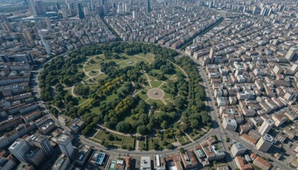 Obraz premium Aerial View of Urban Park Surrounded by City Buildings and Streets