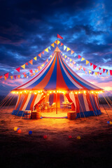 Illuminated Circus Tent at Dusk, Open Field