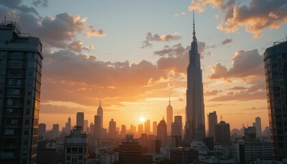 Obraz premium Stunning City Skyline at Sunset with Towering Skyscrapers