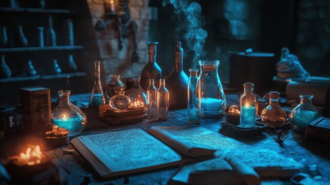 Mysterious alchemy lab filled with glowing potions and ancient books at night