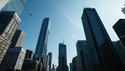 Fototapeta premium Urban Skyline with Tall Buildings and Clear Blue Sky in City