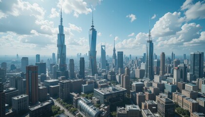 Obraz premium Stunning Urban Skyline with Modern Skyscrapers and Vibrant City Life