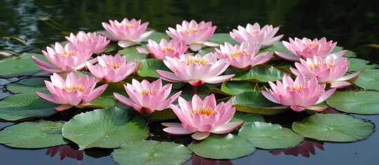Pink water lilies blooming in a pond.