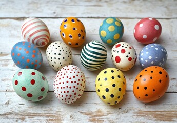 Obraz premium Colorful Hand-Painted Easter Eggs on Rustic Wooden Surface for Festive Spring Decor and Celebrations