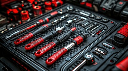 Organized toolbox with various tools.  Red handles on black tools, various sizes and types