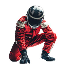 A Determined Race Car Driver in Red Suit and Helmet Isolated on Transparent Background