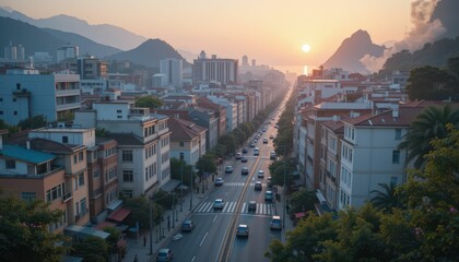 Serene Urban Landscape at Sunset with Mountains and Cars on Road