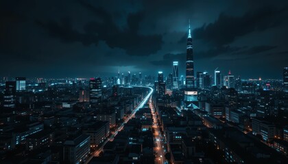 Fototapeta premium Urban Nightscape with Skyscrapers and City Lights in Blue Tones