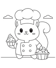 Coloring book squirrel chef with a cupcake and basket of treats. Fun line art for coloring