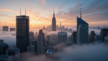 Obraz premium Majestic Sunrise Over Manhattan Skyline with Clouds and Light Rays