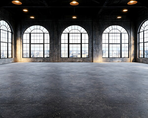 Obraz premium Industrial loft, city view, spacious interior, concrete floor