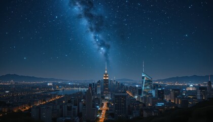 Fototapeta premium Night Sky Over Cityscape with Stars and Milky Way View