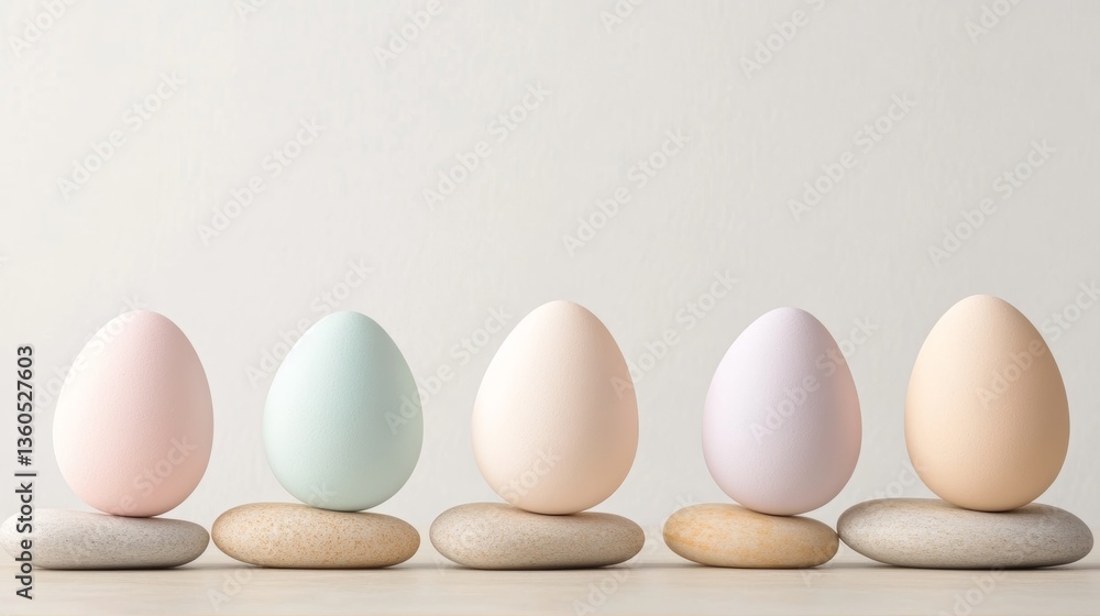 Poster decorative pastel eggs balanced on smooth stones in a minimalistic setting showcasing spring themes 