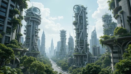 Obraz premium Futuristic Urban Landscape with Towering Structures and Greenery