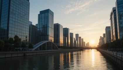 Fototapeta premium Serene Sunset Over Urban Skyline Reflecting on Waterway