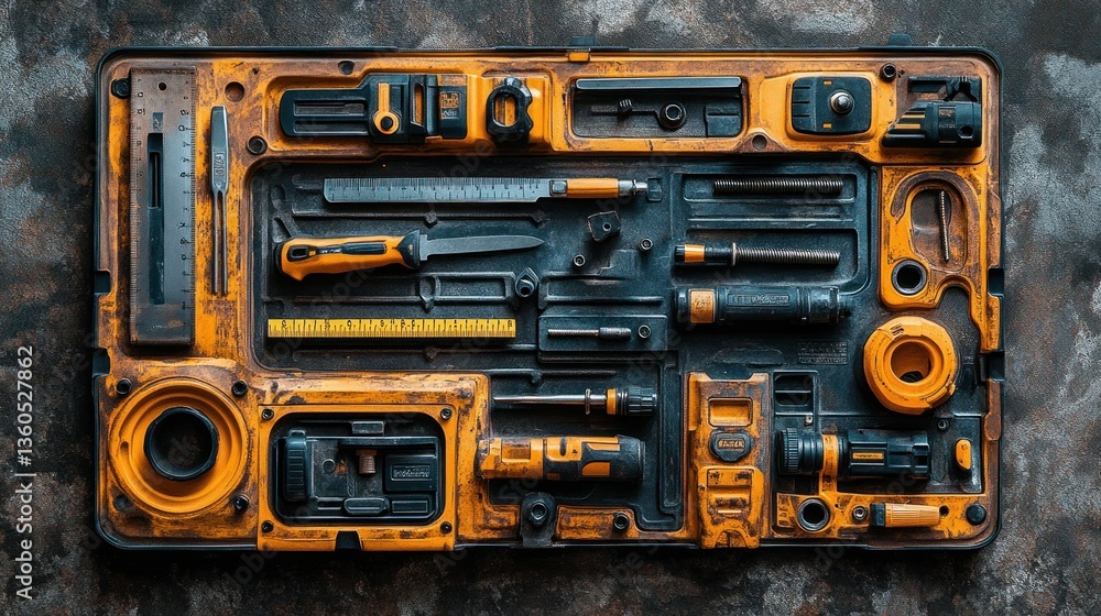 Aufkleber organized toolbox filled with various tools. detailed compartments hold different types of hand tool