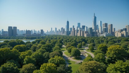 Fototapeta premium Aerial View of Urban Skyline and Lush Green Park Landscaping