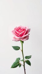 Fototapeta premium A single, perfectly formed pink rose blooms against a pristine white background, pink rose, nature