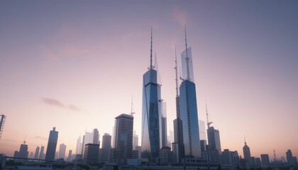 Fototapeta premium Modern City Skyline at Dusk with Towering Skyscrapers and Twilight Glow