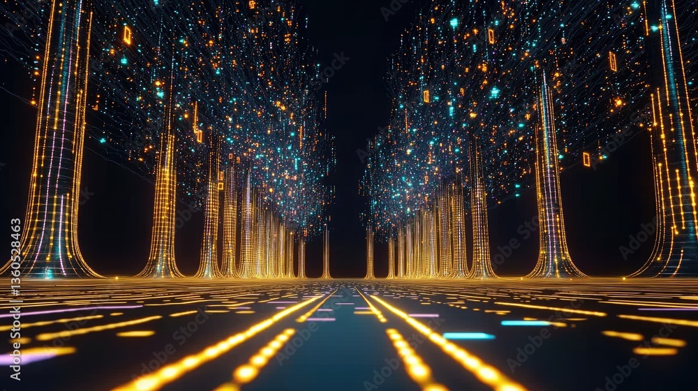 Poster floating digital particles connected by neon light trails, evoking ai and big data concepts.