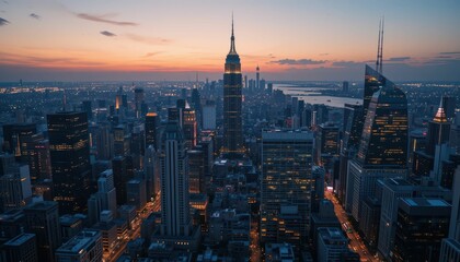 Obraz premium Stunning Cityscape of New York City at Dusk with Vibrant Skyline