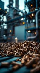 Wood pellets in the production hall, background for environmental and industrial projects.