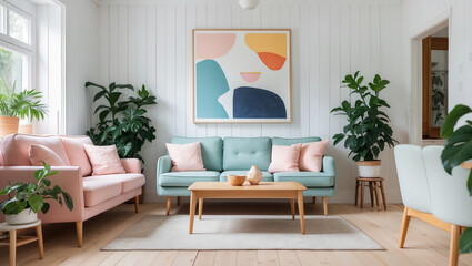 A serene living room, bathed in soft light, features pastel pink and mint sofas, complemented by lush greenery and a vibrant abstract artwork, creating a calming and inviting atmosphere.