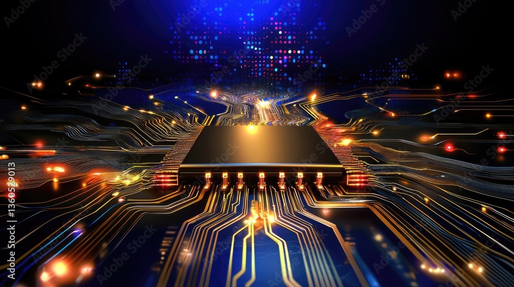 Poster futuristic abstract background with layered depth and glowing digital circuits.